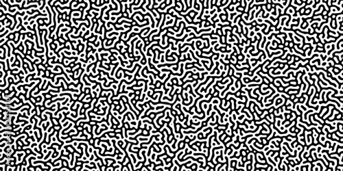 Turing reaction diffusion monochrome seamless pattern with chaotic motion. Linear design with biological shapes. Organic lines in Memphis. abstract truing organic wallpaper background.	
