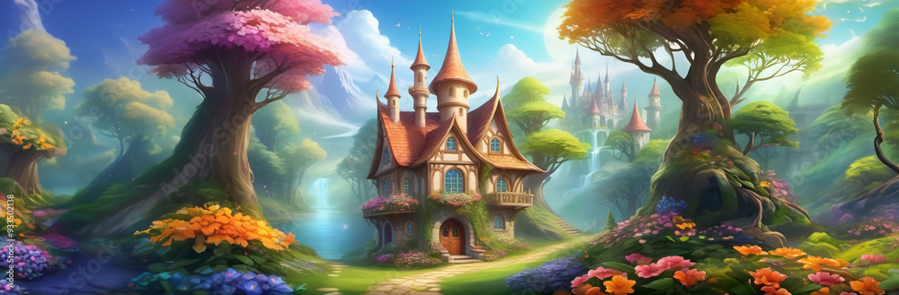 Fairytale houses in a forest landscape.