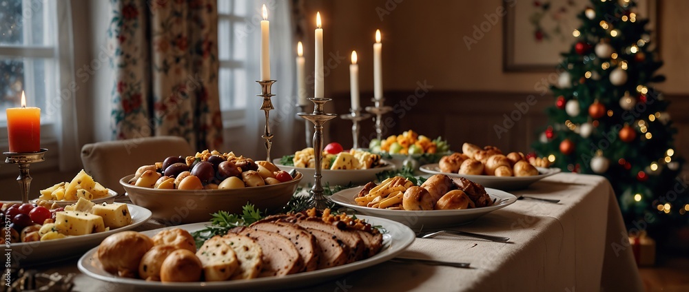 Christmas banquet in a cosy room. Food buffet for the holidays Christmas banquet in a cosy room. Food buffet for the holidays
