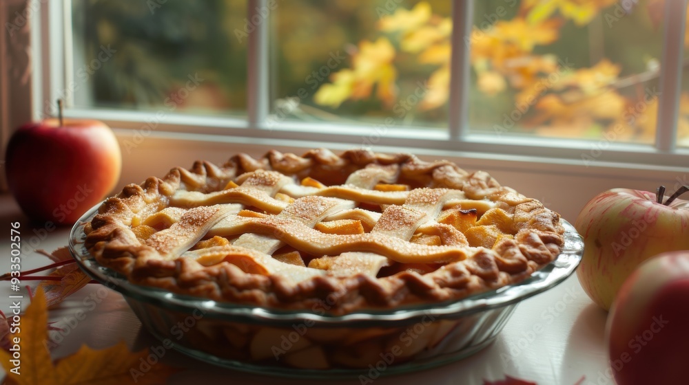 A delicious homemade apple pie with a lattice crust sits by a window with autumn leaves in the background. A delicious homemade apple pie with a lattice crust sits by a window with autumn leaves in the background.