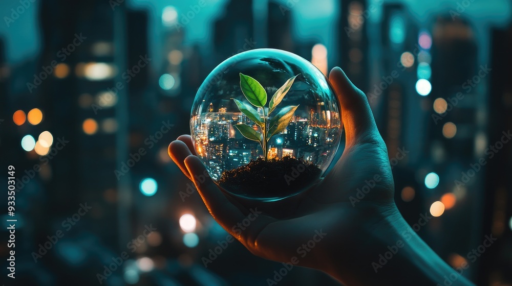 Hand holding a glass sphere with a small green plant inside, with the night cityscape in the background, symbolizing Earth protection Hand holding a glass sphere with a small green plant inside, with the night cityscape in the background, symbolizing Earth protection