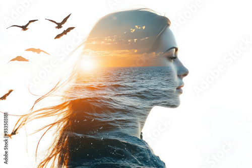 Double exposure of a woman's profile blending with the ocean at sunset, symbolizing inner peace and freedom photo