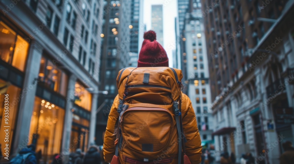 A traveler with a large orange backpack and red hat exploring a bustling urban cityscape surrounded by tall buildings. A traveler with a large orange backpack and red hat exploring a bustling urban cityscape surrounded by tall buildings.