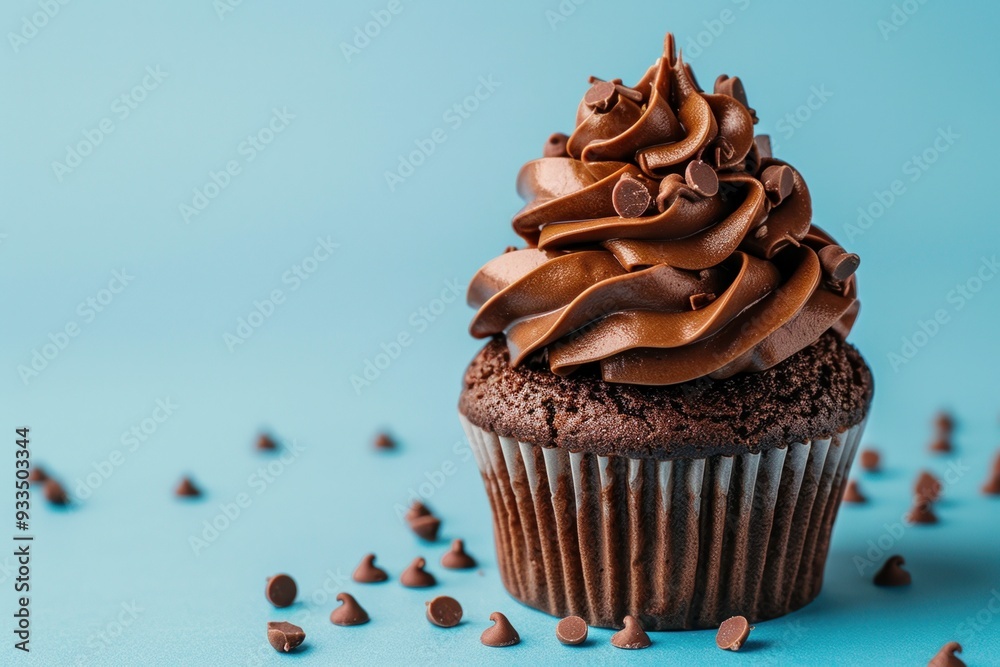 Chocolate Cupcake with Frosting and Sprinkles on Blue Background Chocolate Cupcake with Frosting and Sprinkles on Blue Background
