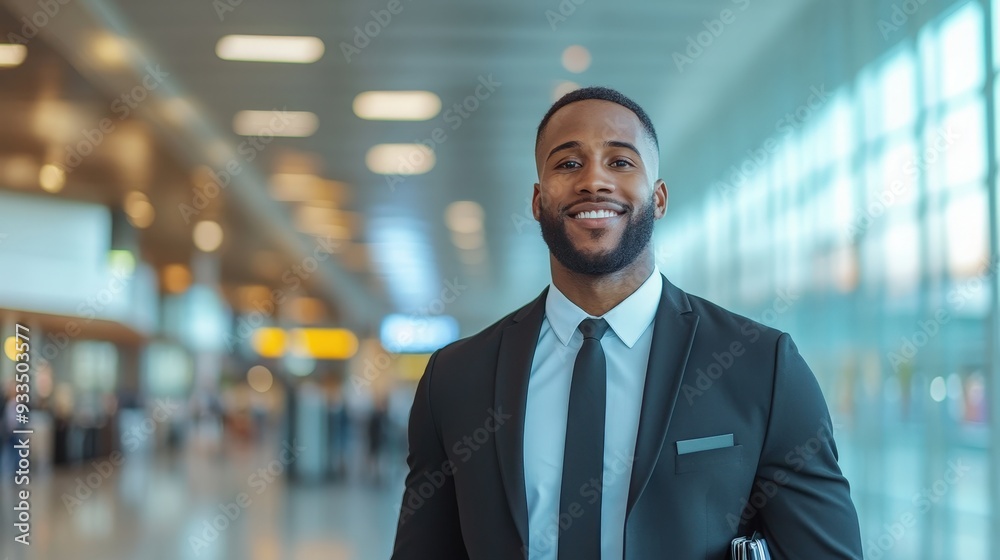 A confident businessman gleams with positivity while checking into an airport, exuding professionalism and readiness for travel adventures. A confident businessman gleams with positivity while checking into an airport, exuding professionalism and readiness for travel adventures.