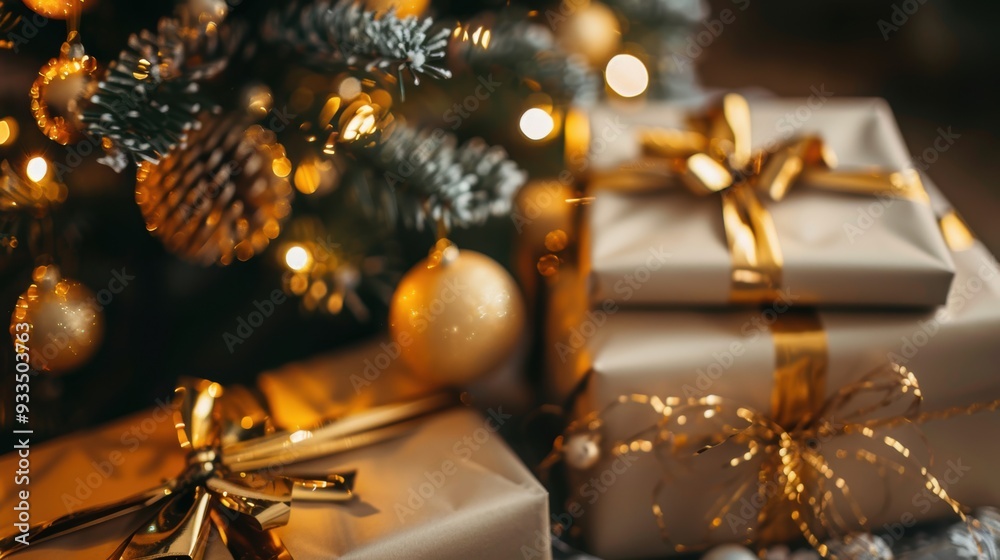 Elegant Christmas gifts wrapped in gold paper and ribbons, placed under a beautifully decorated Christmas tree with twinkling lights. Elegant Christmas gifts wrapped in gold paper and ribbons, placed under a beautifully decorated Christmas tree with twinkling lights.