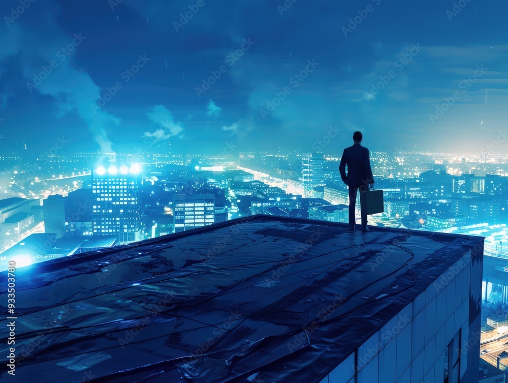 Businessman on office building roof, overlooking night city, briefcase in hand, blue tone, cinematic wide-angle photo. Businessman on office building roof, overlooking night city, briefcase in hand, blue tone, cinematic wide-angle photo.