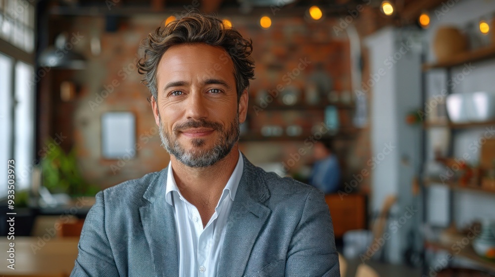Confident Business Professional in Modern Office Setting with Brick Wall and Shelves in Background Confident Business Professional in Modern Office Setting with Brick Wall and Shelves in Background