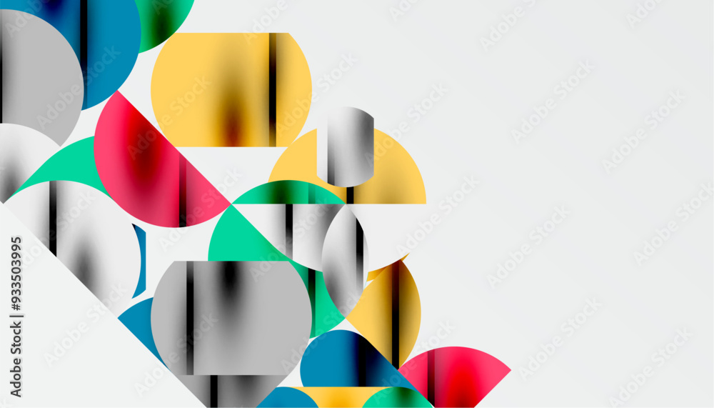 Color beautiful circles, semi circles, squares and round triangles. Geometric mosaic style pattern abstract background for wallpaper, banner, backdrop, card, book Illustration, landing page Color beautiful circles, semi circles, squares and round triangles. Geometric mosaic style pattern abstract background for wallpaper, banner, backdrop, card, book Illustration, landing page