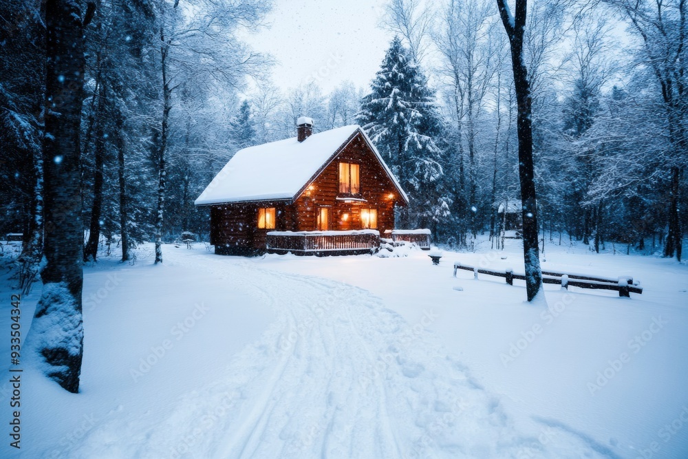 Pristine white snow blankets a cozy cabin, with soft flakes gently falling in a peaceful woodland setting Pristine white snow blankets a cozy cabin, with soft flakes gently falling in a peaceful woodland setting