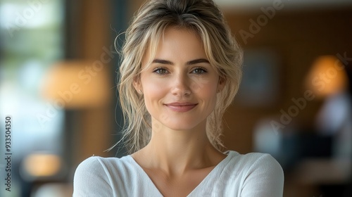 radiant businesswoman in modern office setting confident pose warm smile professional attire natural light contemporary workspace