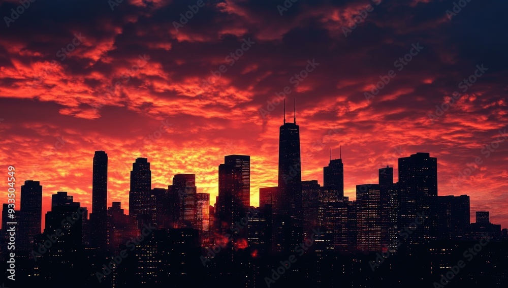 Silhouetted city skyline at sunset. Silhouetted city skyline at sunset.