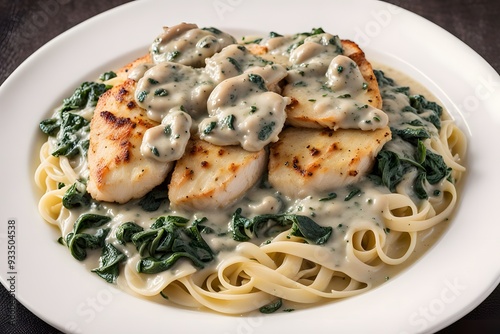 Chicken florentine with sauted chicken breasts in a creamy spinach and mushroom sauce, AI Generated