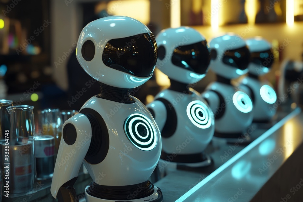 'A sleek, modern cafe where identical robot servers with unique swirling chest lights efficiently serve drinks and snacks to patrons.' 'A sleek, modern cafe where identical robot servers with unique swirling chest lights efficiently serve drinks and snacks to patrons.'