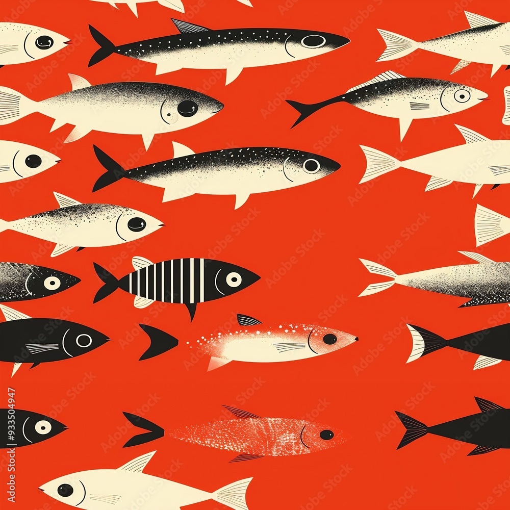 Seamless pattern: art printed black and white fish on solid red background. AI generation Seamless pattern: art printed black and white fish on solid red background. AI generation