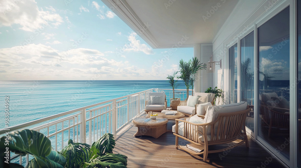 Fototapeta premium Coastal-style balcony with comfortable seating