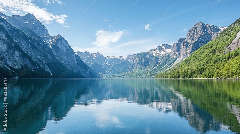 Tranquil Mountain Lake Surrounded by Tall Snow-Capped Peaks with a Glass-Like Surface Reflecting the Clear Sky and Rugged Landscape. AI generated illustration Tranquil Mountain Lake Surrounded by Tall Snow-Capped Peaks with a Glass-Like Surface Reflecting the Clear Sky and Rugged Landscape. AI generated illustration