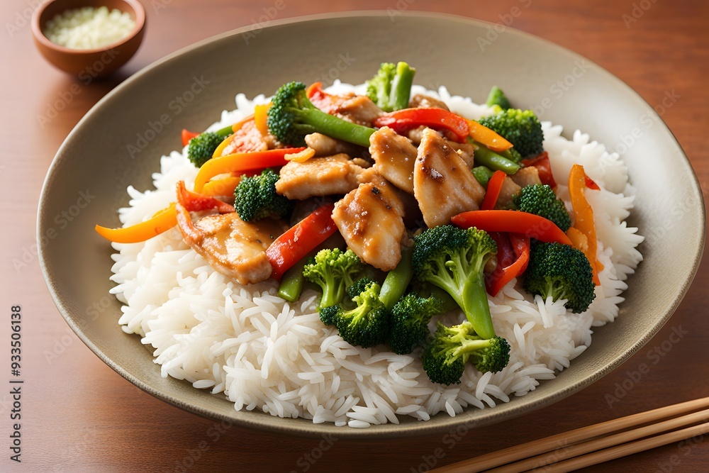 Chicken stir fry with marinated chicken strips bell peppers broccoli and snap peas, AI Generated Chicken stir fry with marinated chicken strips bell peppers broccoli and snap peas, AI Generated