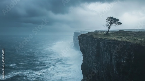Windswept Cliff Overlooking a Stormy Sea with Waves Crashing Against the Rocks and a Solitary Tree Clinging to the Edge. AI generated illustration