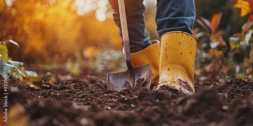 Fototapeta premium Gardener wearing yellow boots and digging soil with a spade in a vibrant autumn garden, capturing the essence of seasonal farming and outdoor work
