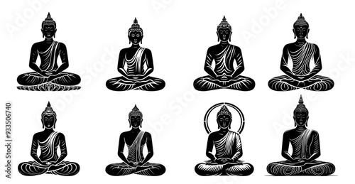 set of buddha sitting in meditation vector illustrations in black and white