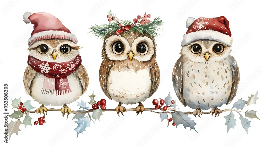 Fototapeta premium Festive Owl Trio in Seasonal Attire Perched on Snowy Branch