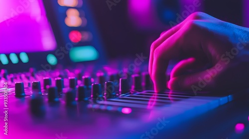 Close up of a hand adjusting the knobs on a mixing board in a dark room with purple and blue lighting. photo