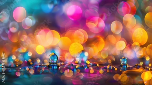 Vibrant abstract bokeh lights in various colors with water droplets in the foreground, creating a mesmerizing and dynamic visual effect.