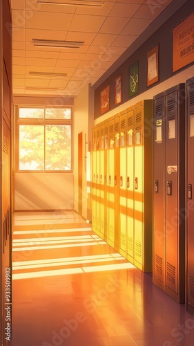 Illustration of Interior of a school corridor with colorful lockers and sunlight. anime style
