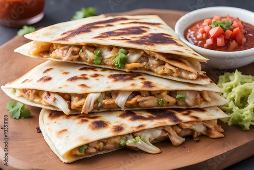 Grilled chicken quesadillas filled with shredded chicken cheese and sauted onions, AI Generated