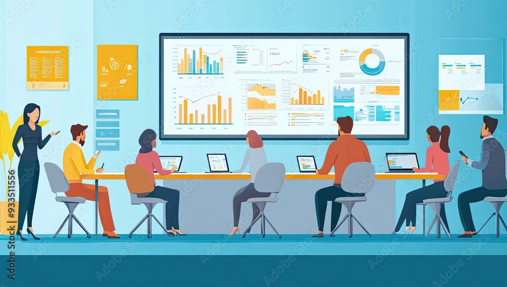 Business meeting with data analysis on screen. Business meeting with data analysis on screen.