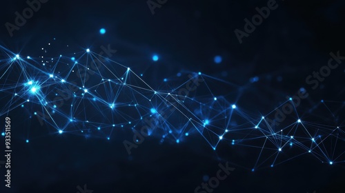 Abstract digital network with connecting lines and nodes on a dark blue background.