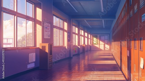 Illustration of Interior of a school corridor with colorful lockers and sunlight. anime style
