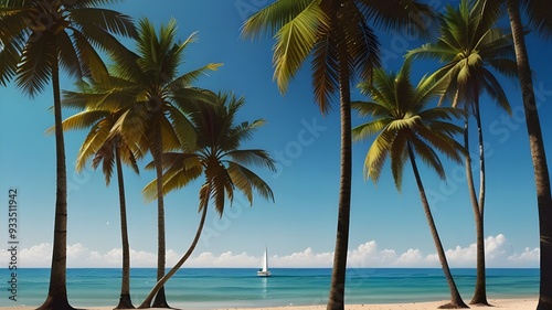 beautiful and natural summer beach with palm tree wallpaper Generative AI