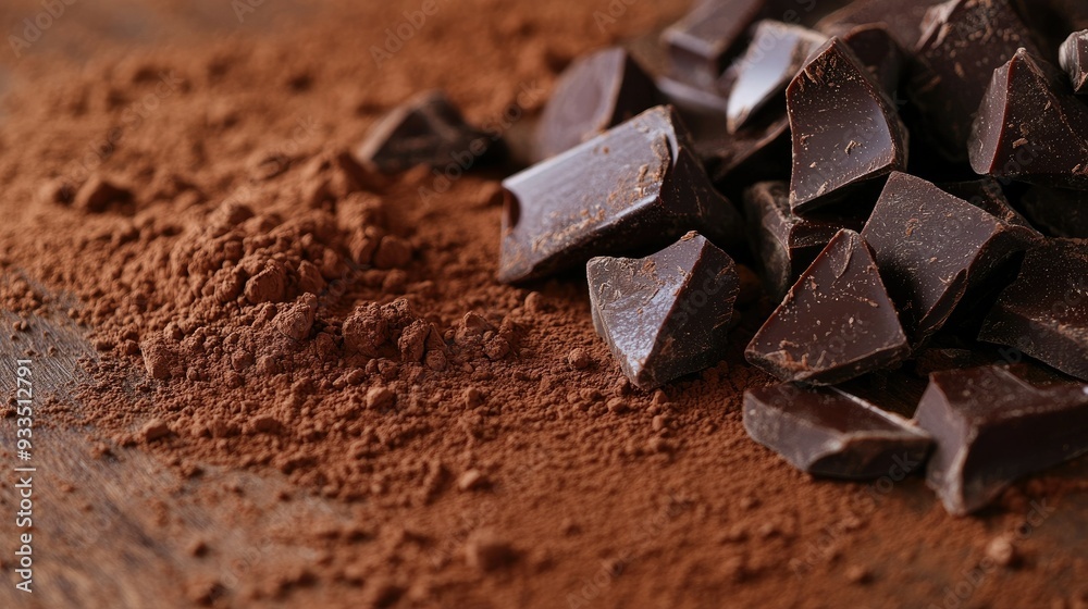 A close-up of dark chocolate chunks and cocoa powder sprinkled on a rustic wooden surface. A close-up of dark chocolate chunks and cocoa powder sprinkled on a rustic wooden surface.