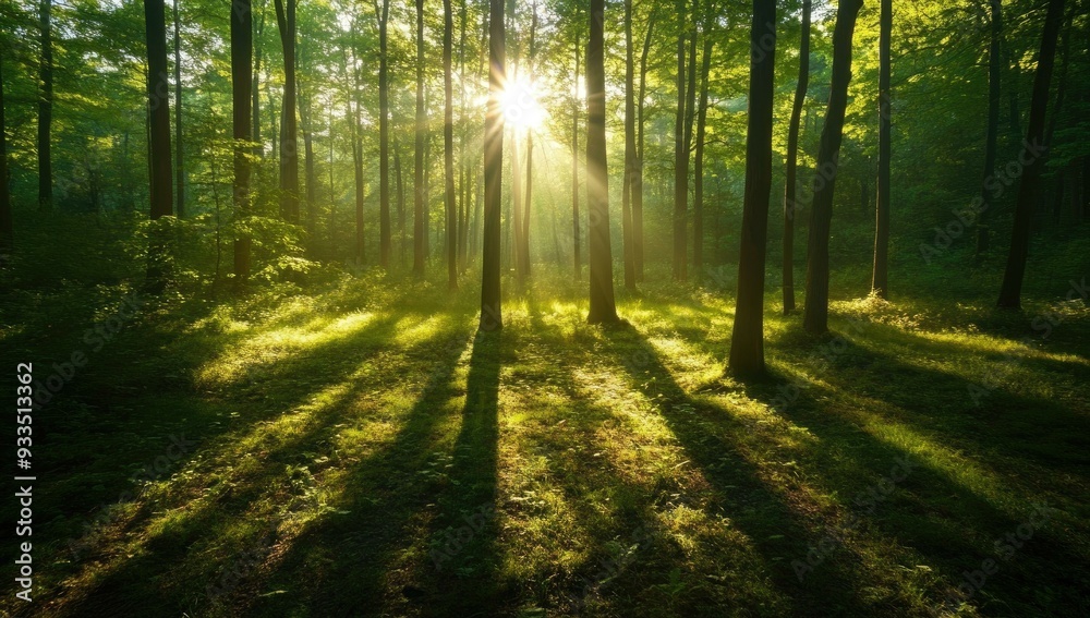 Obraz premium Sunlight beams through a dense forest.