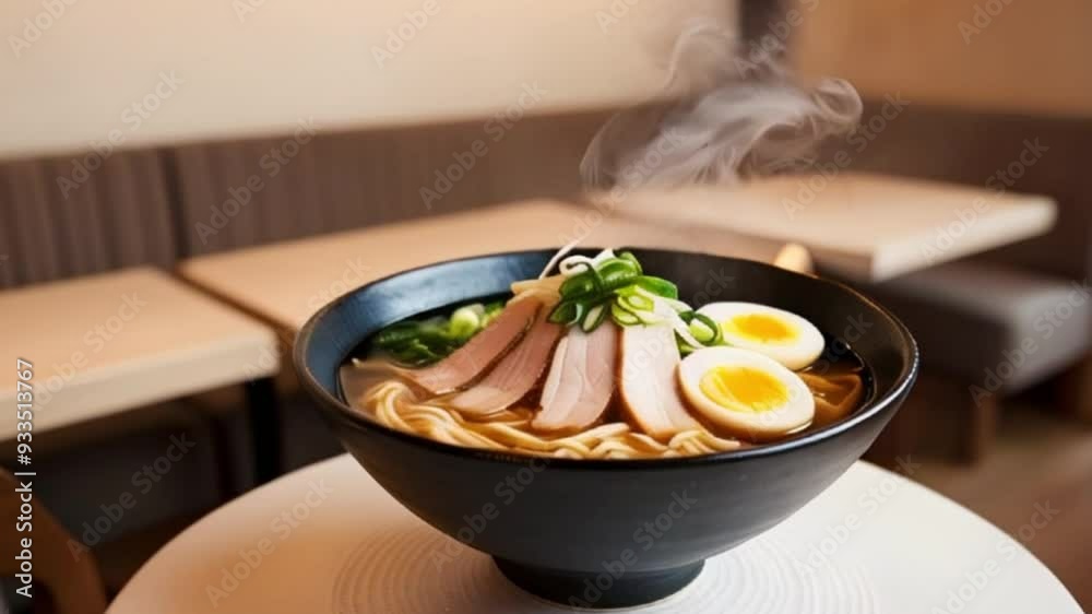 A steaming bowl of Japanese ramen noodles with pork slices and boiled egg, sitting on a minimalist white table with a subtle ceramic texture, surrounded by a blurred cozy restaurant background