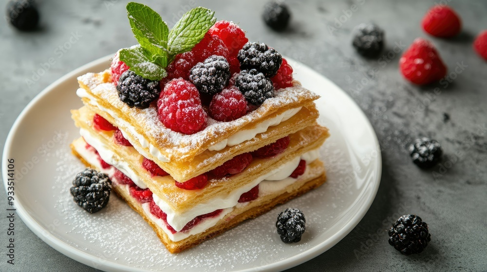 A detailed shot of a millefeuille dessert with vanilla cream and fresh berries, garnished with mint leaves, on a white plate against a gray concrete background. A detailed shot of a millefeuille dessert with vanilla cream and fresh berries, garnished with mint leaves, on a white plate against a gray concrete background.