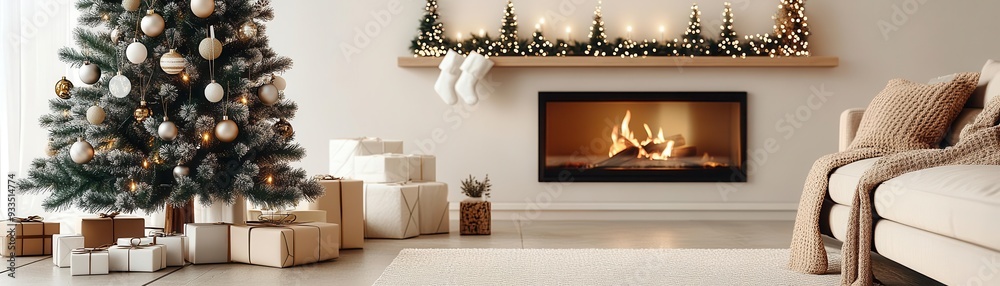 Obraz premium Cozy Christmas living room with a decorated tree, warm fireplace, 3D illustration
