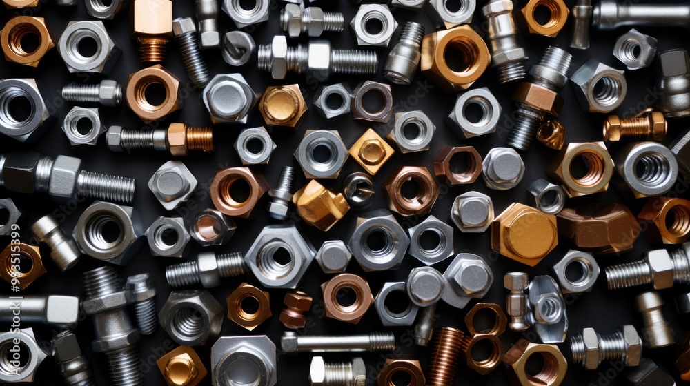 Old nut and bolts on dark background. Neural network ai generated art Old nut and bolts on dark background. Neural network ai generated art