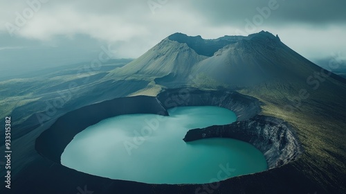 Majestic Trayaksan Mountain with three vibrant lakes in the crater, each a different color, showcasing nature's power and beauty photo