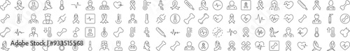 Minimalistic Linear Illustrations of Medicine. Contains Icons of Pink Ribbon, Thermometer, Bone, Doctor, Ill, Cardiogram that Can Be Used for Design of Cards, Posts, Apps, Web Sites