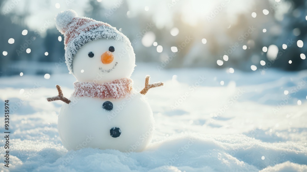 Snowman wearing a knitted hat stands in a snowy landscape during winter Snowman wearing a knitted hat stands in a snowy landscape during winter