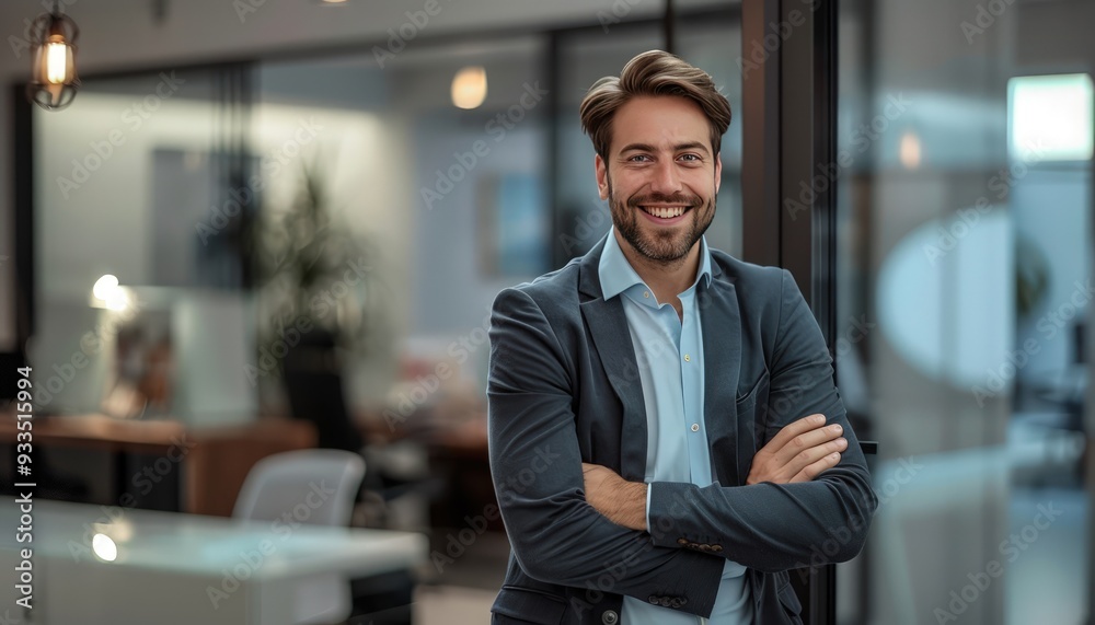 Businessman standing with arms crossed, smiling confidently in a sleek office, captured in realistic style.