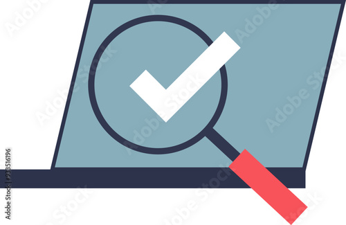 Laptop with magnifying glass and check mark, symbolizing search and verification.