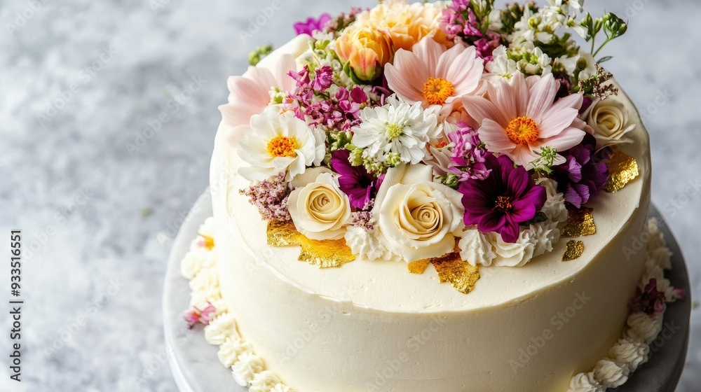 A luxurious white chocolate cake with a smooth white chocolate ganache, decorated with edible gold leaf and fresh flowers.