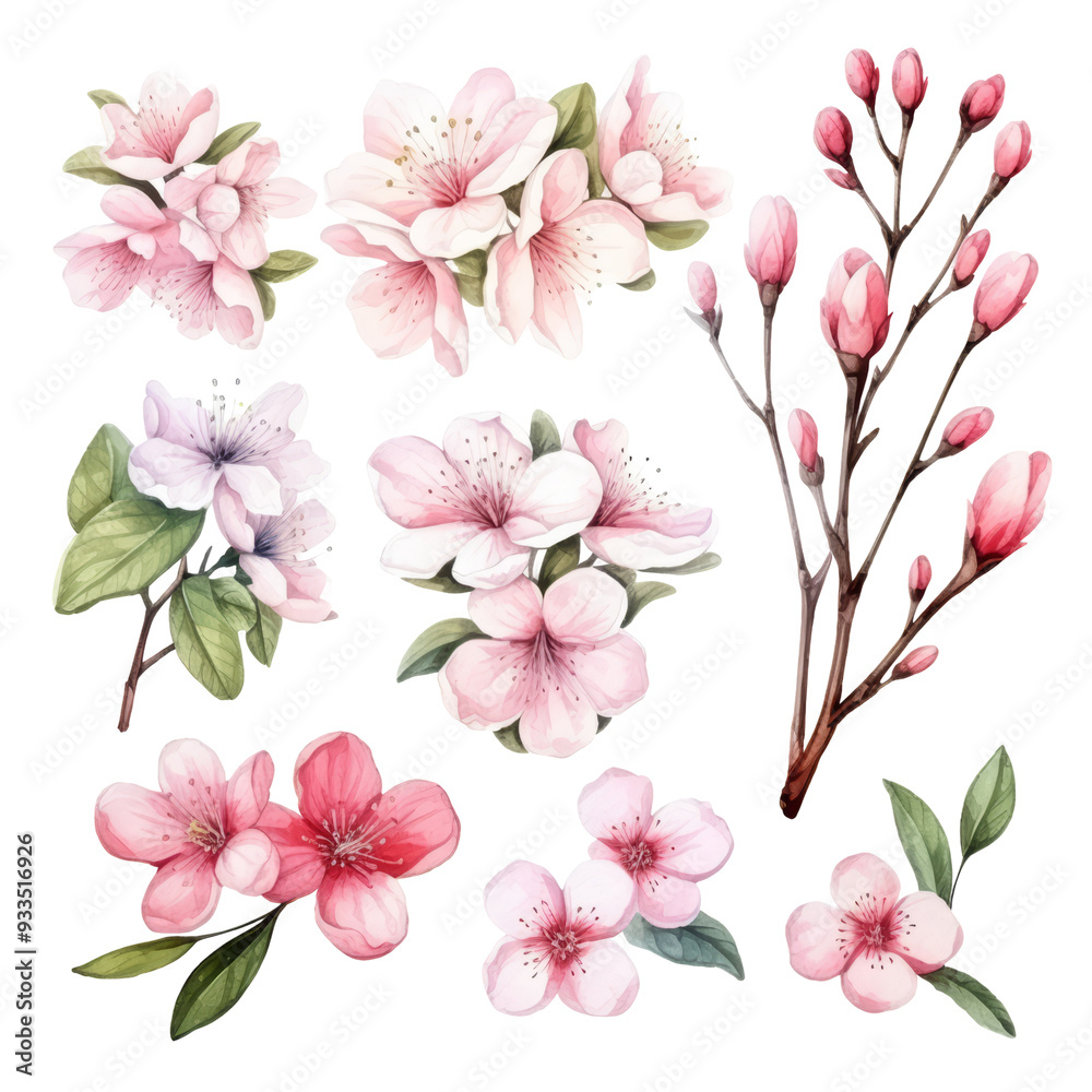 Obraz premium A collection of nine delicate cherry blossom illustrations with pink and white petals, showcasing various stages of blooming, from closed buds to fully open flowers, perfect for spring-themed designs.