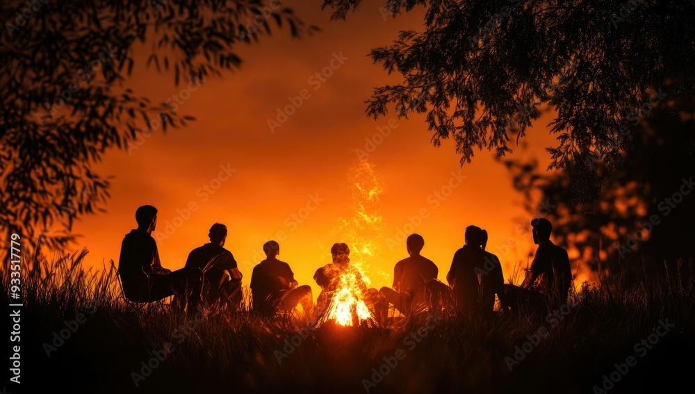 Silhouetted figures around a campfire at dusk. Silhouetted figures around a campfire at dusk.