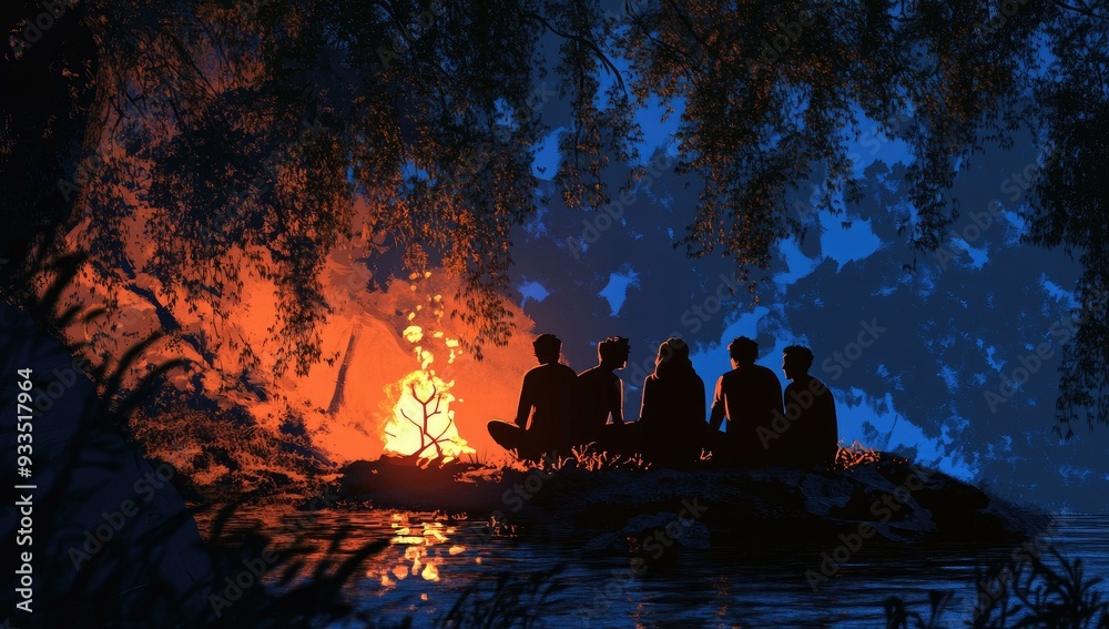 Four friends sit by a campfire, silhouetted by night. Four friends sit by a campfire, silhouetted by night.