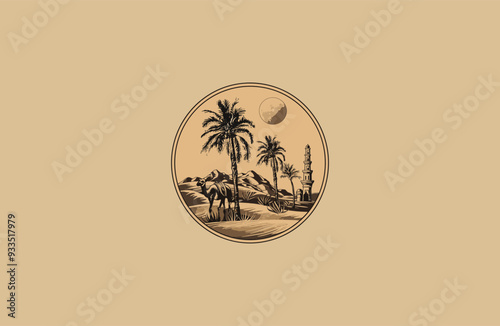 Palm tree in the desert design engraving vintage vector illustration